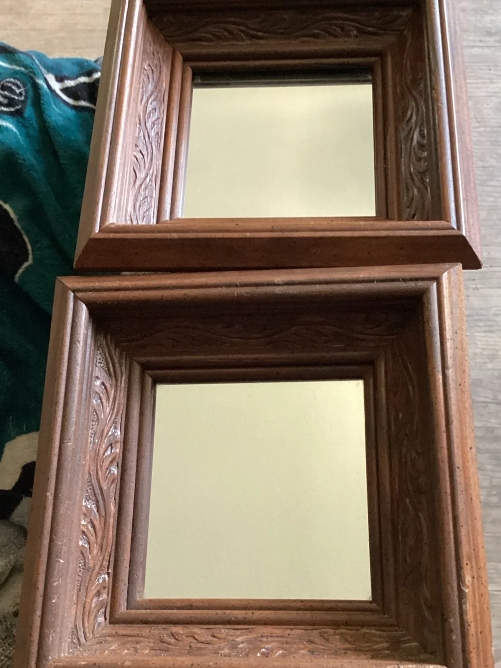 Vintage Carved Wood Square Mirror Pair